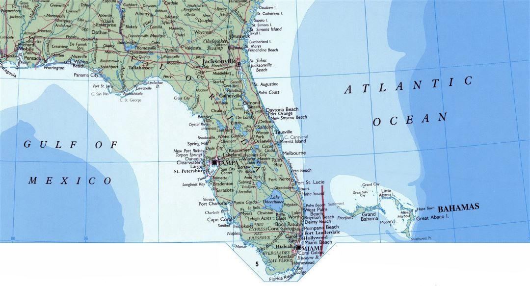 Large map of Florida state with roads, highways and cities