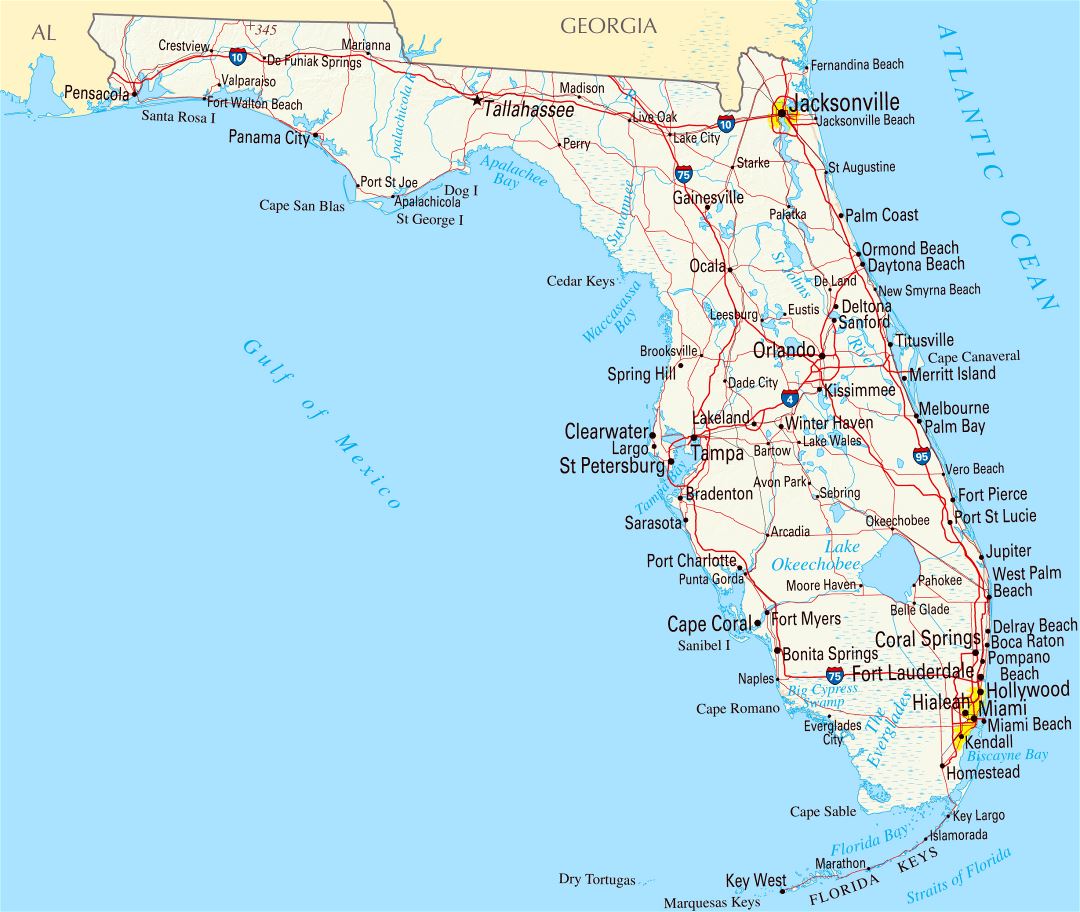 Large roads and highways map of Florida state with cities