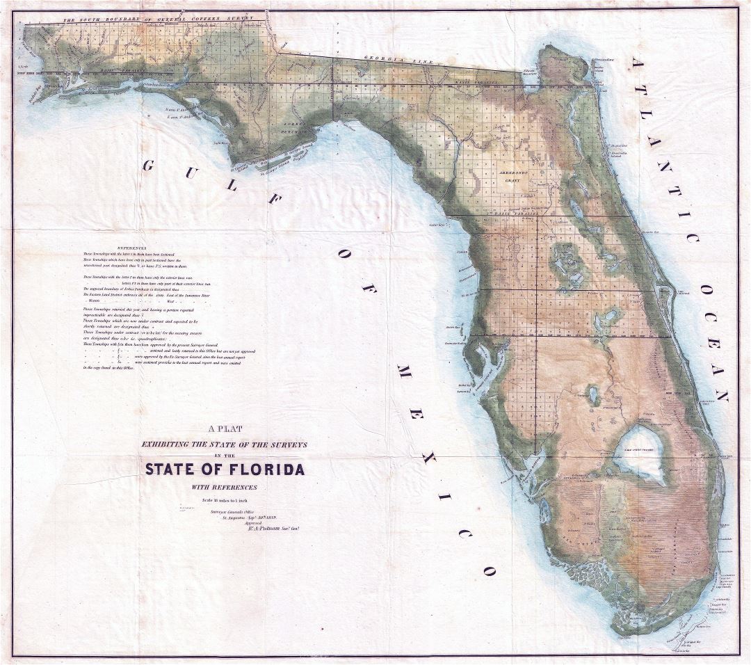 Large scale old land survey map of Florida state - 1848