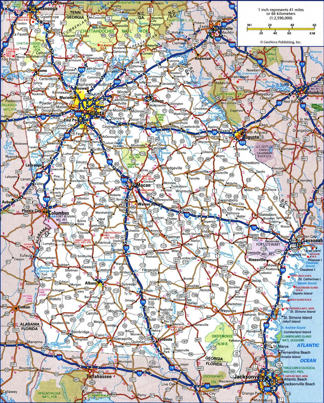Large detailed roads and highways map of Georgia state with all cities and national parks