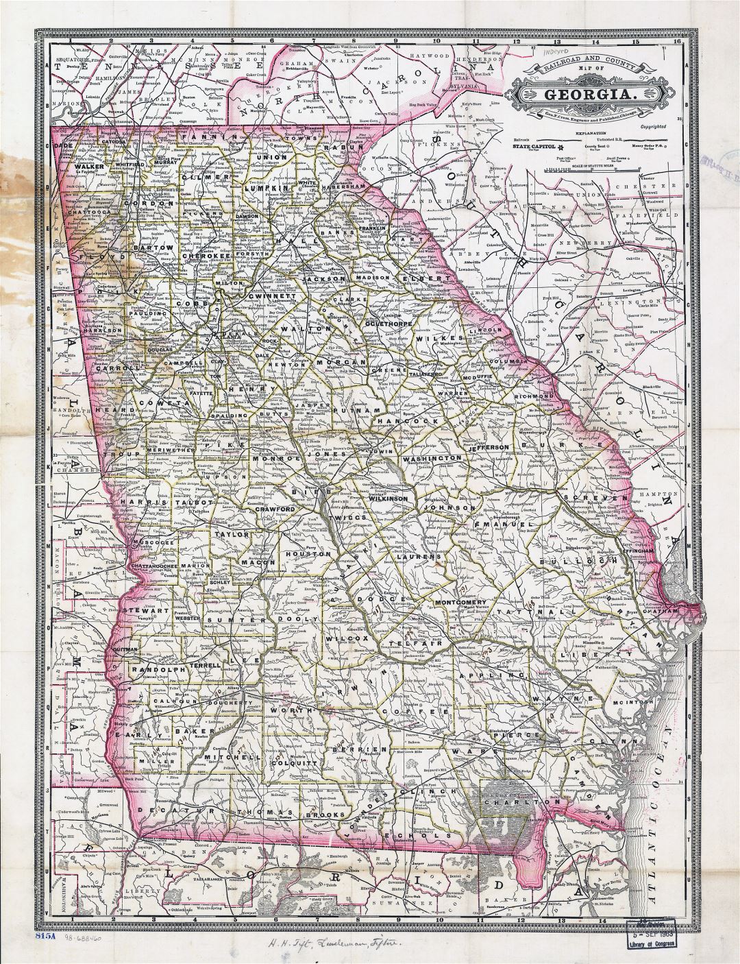 Large old administrative map of Georgia state - 1883