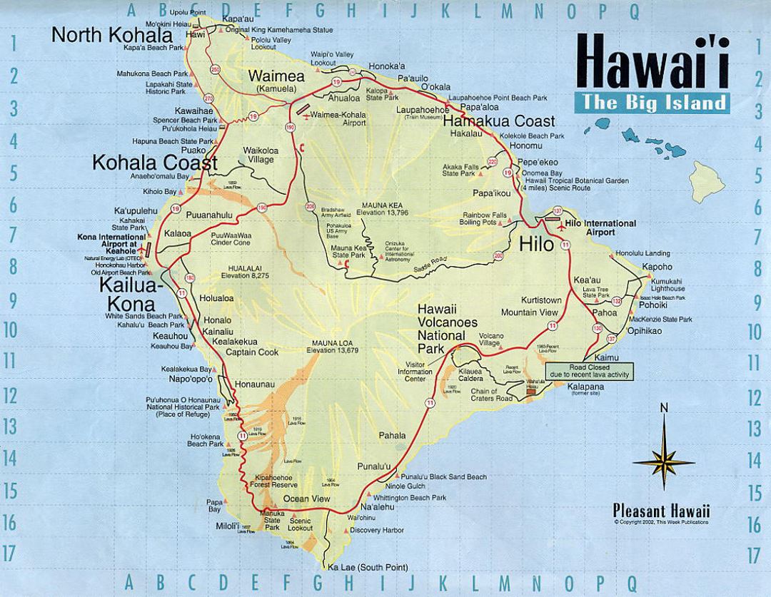 Detailed map of Big Island of Hawaii with roads and other marks