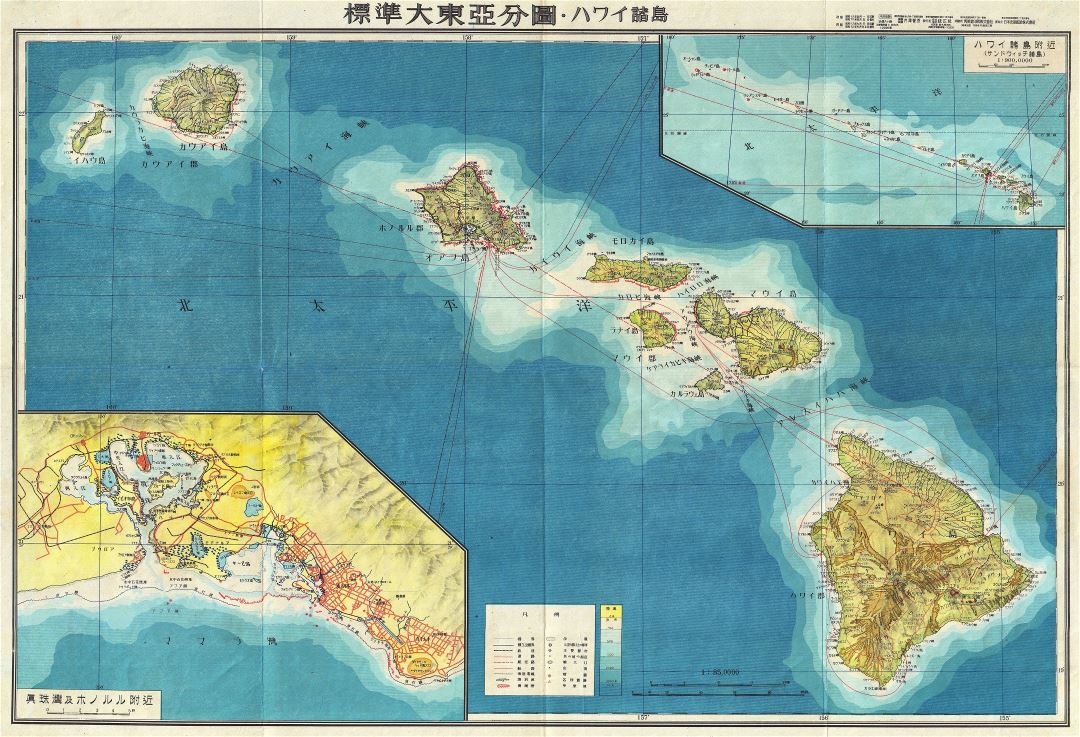 Large detailed Japanese World War II aeronautical map of Hawaii with relief - 1943