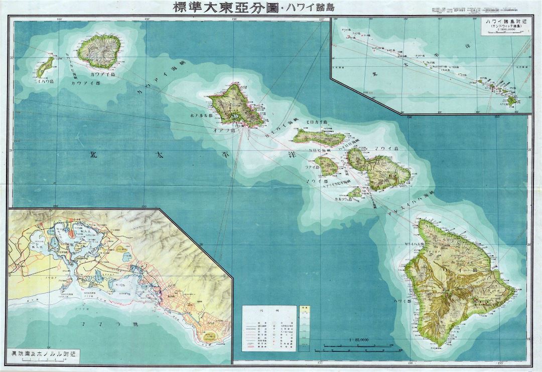 Large detailed Japanese World War II physical map of Hawaii - 1943