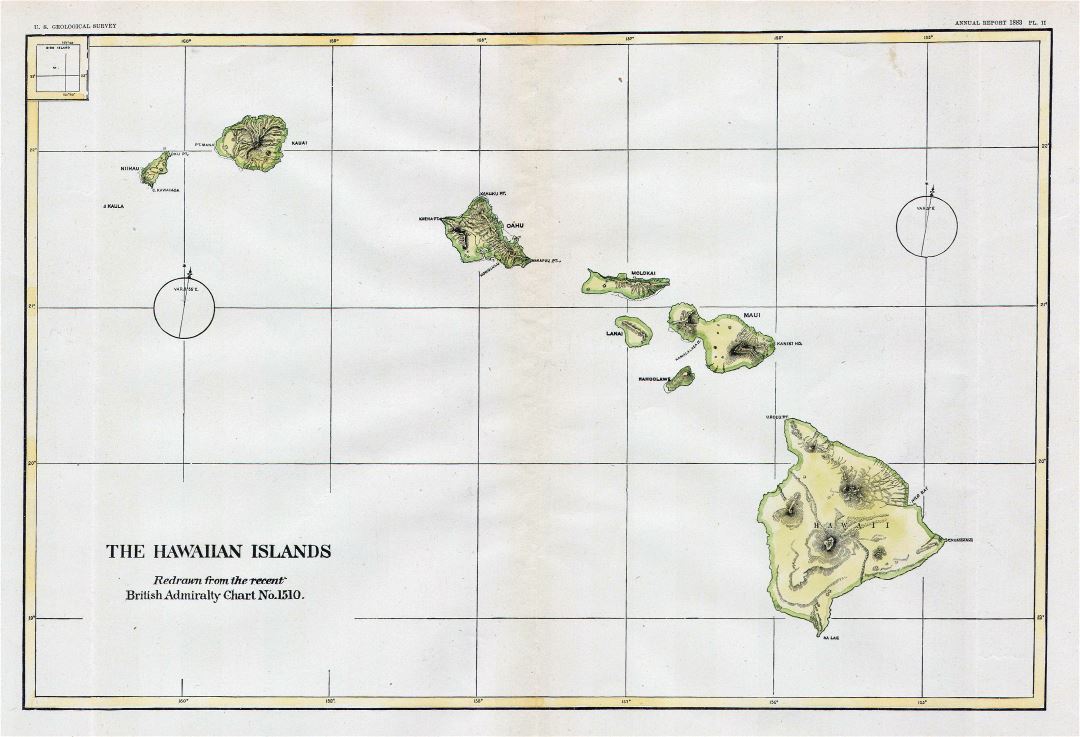 Large detailed old map of Hawaii with relief - 1883