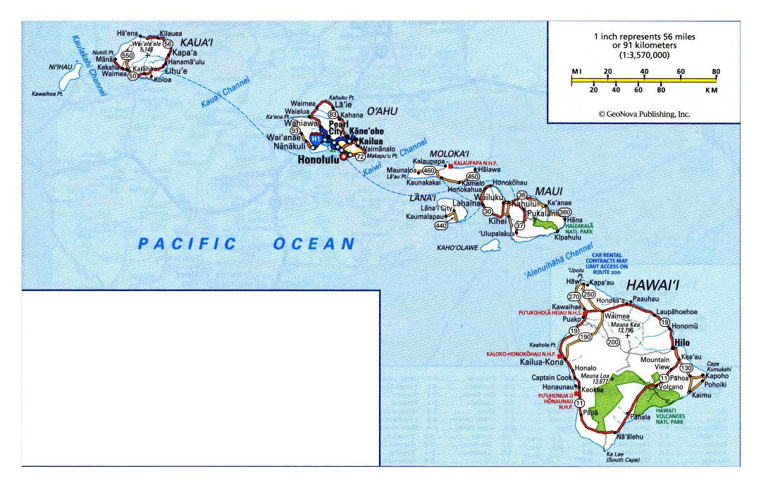 Large detailed roads and highways map of Hawaii state with all cities, villages and national parks