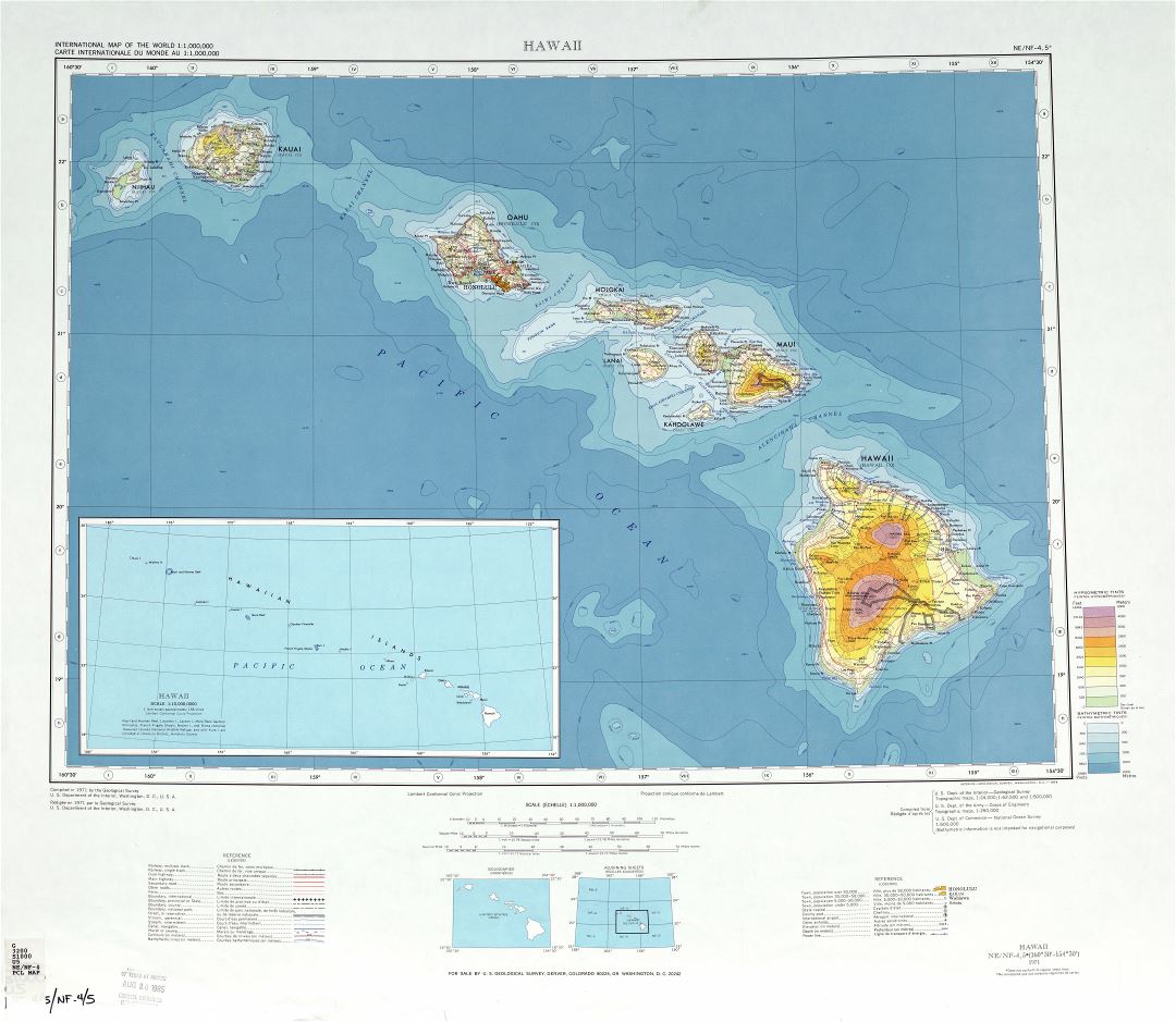 Large detailed topographical map of Hawaii state, USA