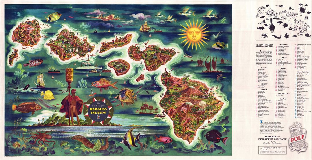 Large detailed tourist illustrated map of Hawaii by Joseph Feher Dole - 1950