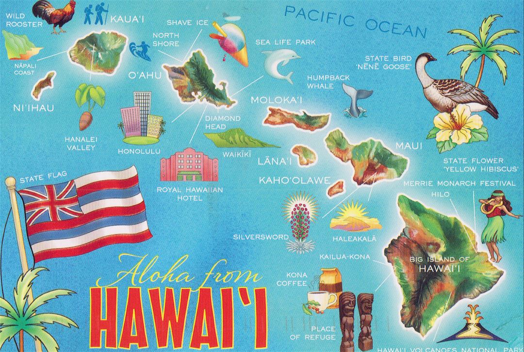Large tourist map of Hawaii islands