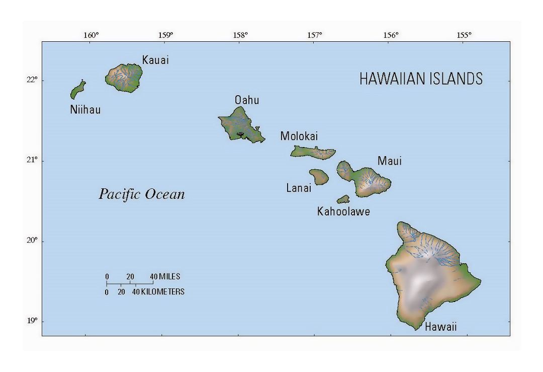 Map of Hawaii state with relief