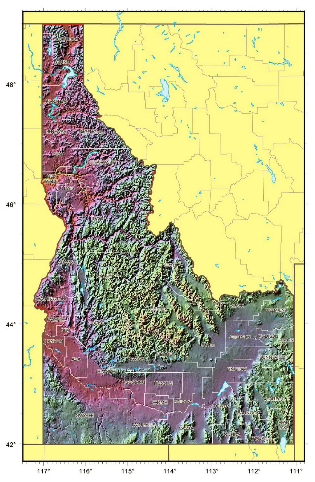 Detailed relief map of Idaho state
