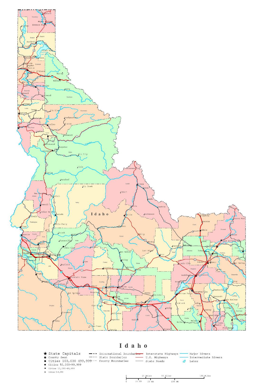 Large detailed administrative map of Idaho state with roads, highways and cities