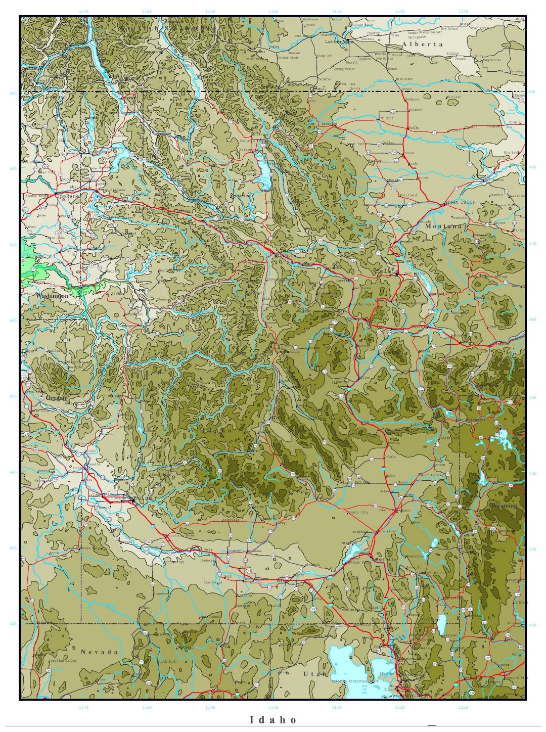 Large detailed elevation map of Idaho state with roads, highways and cities