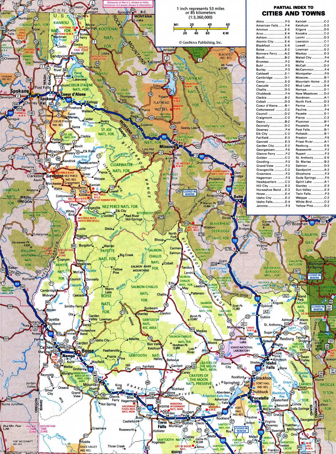 Large detailed roads and highways map of Idaho state with all cities and national parks