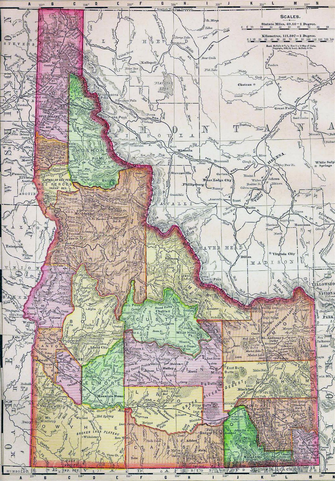 Large old administrative map of Idaho state with relief - 1895