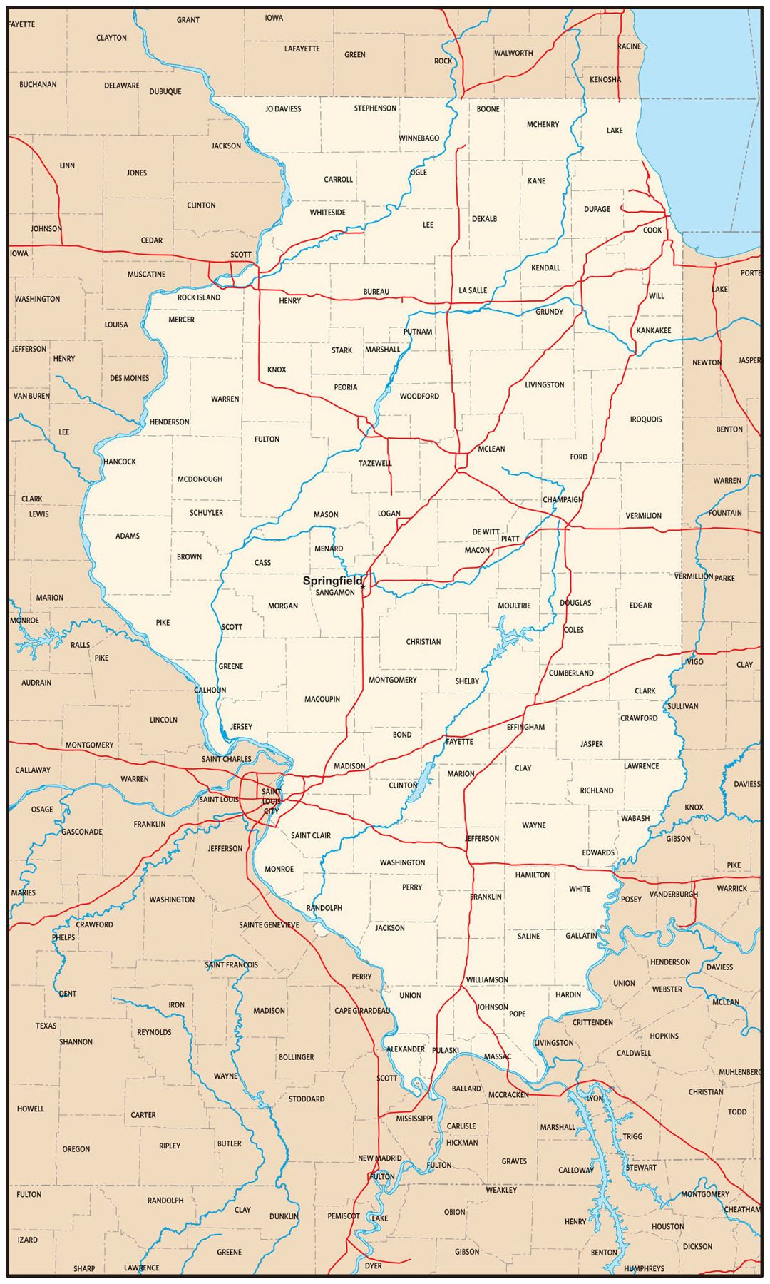 Large administrative map of Illinois state