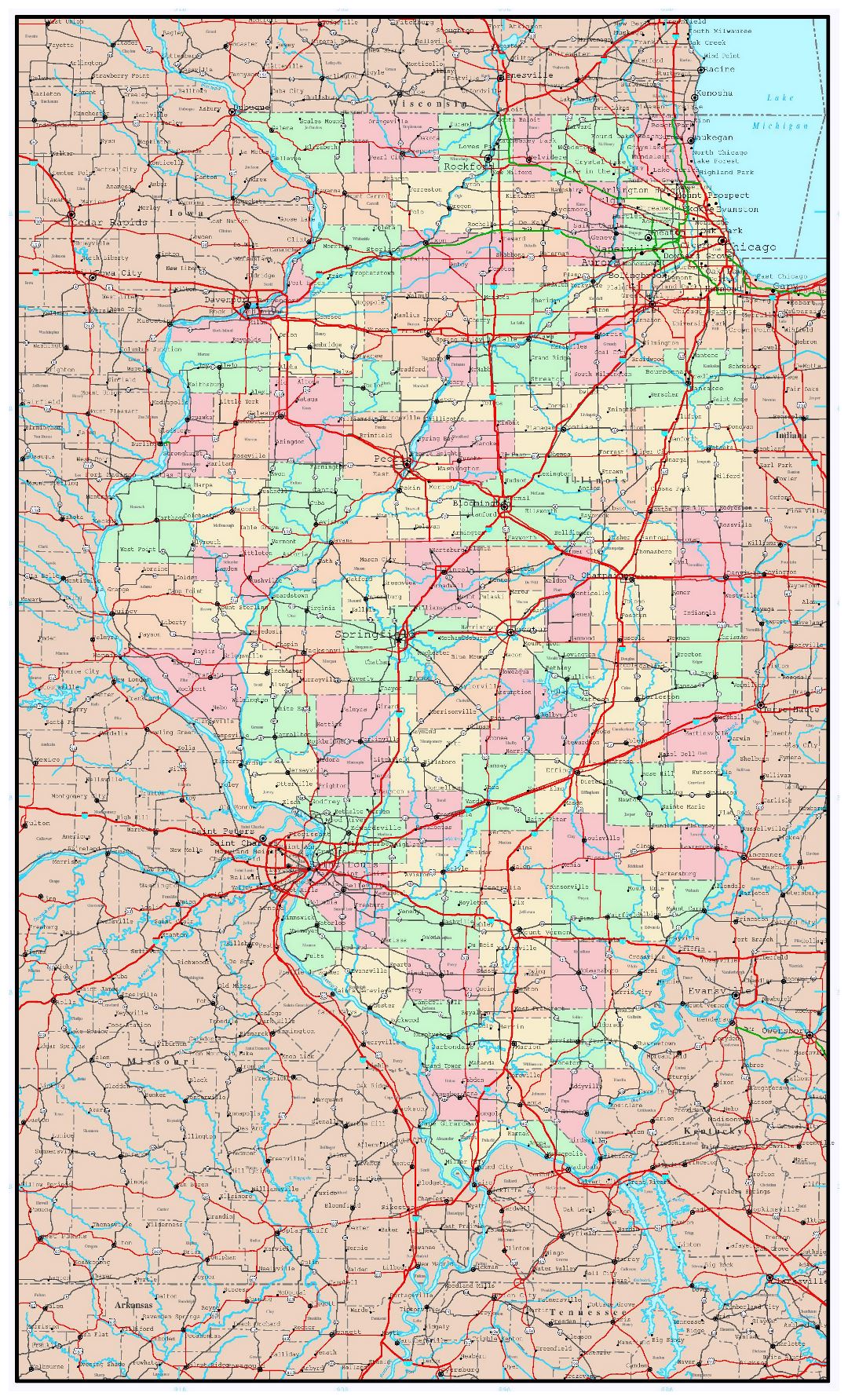 Large administrative map of Illinois state with roads, highways and major cities