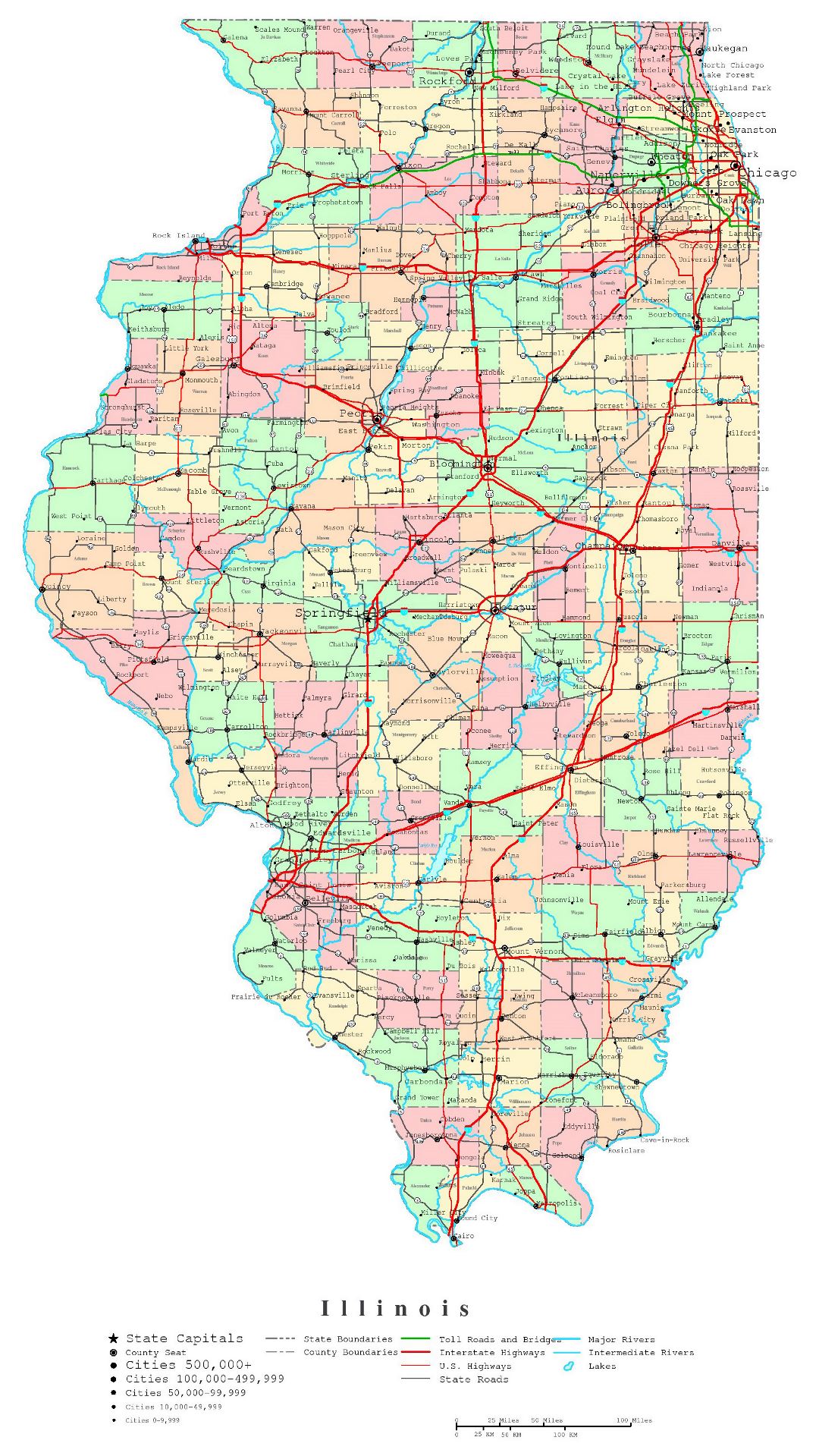 Large detailed administrative map of Illinois state with roads, highways and cities