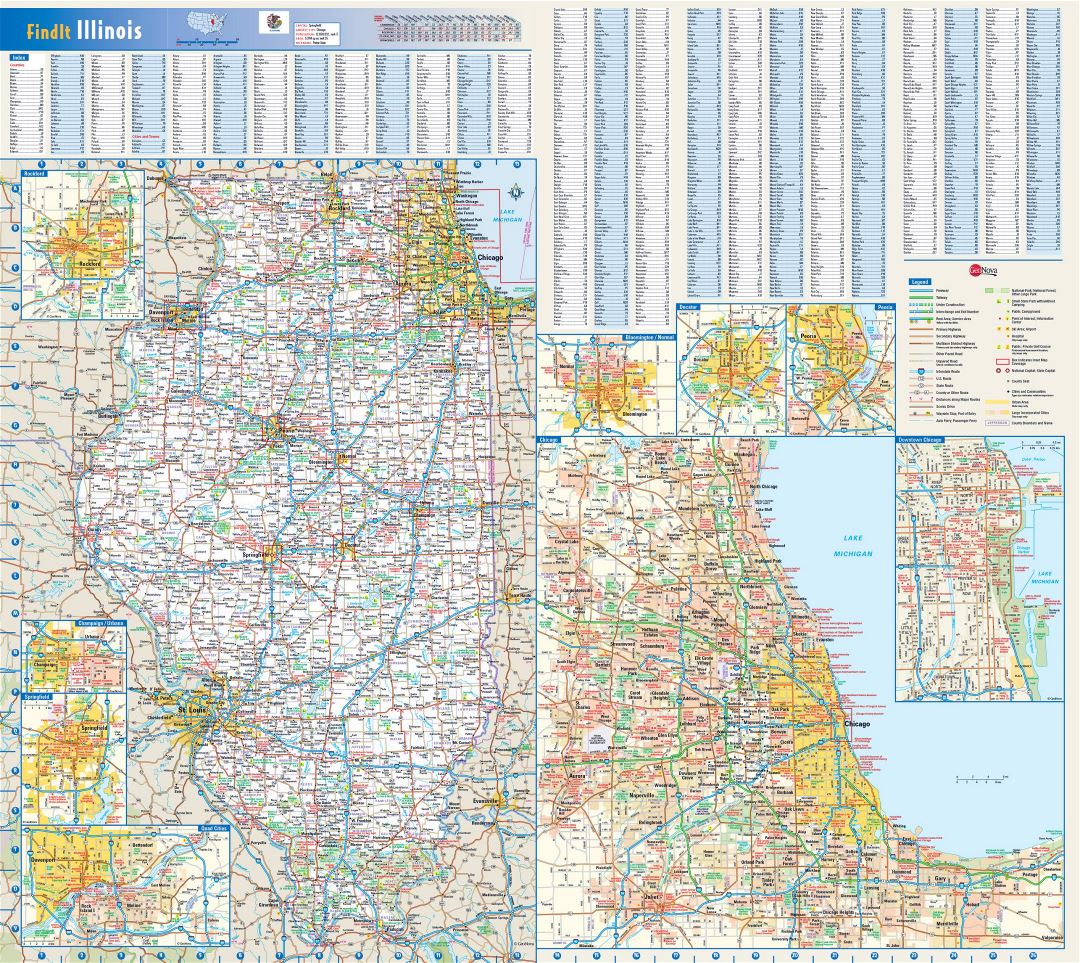 Large roads and highways map of Illinois state with national parks, all cities, towns and villages