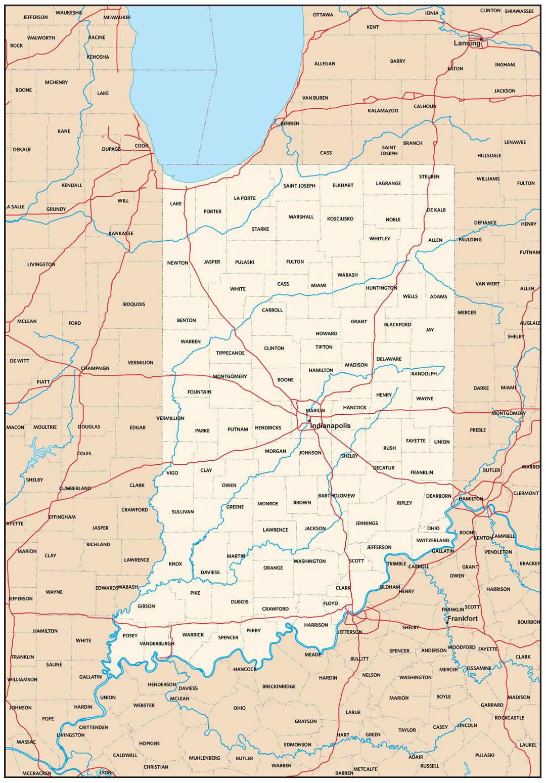 Detailed administrative map of Indiana