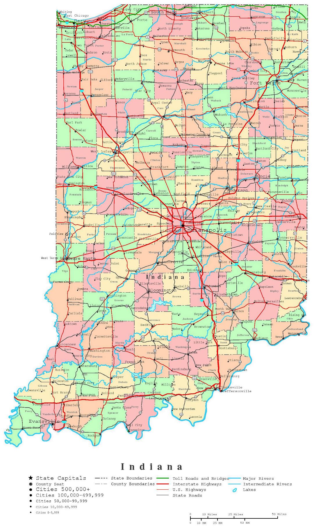 Large detailed administrative map of Indiana state with roads, highways and cities
