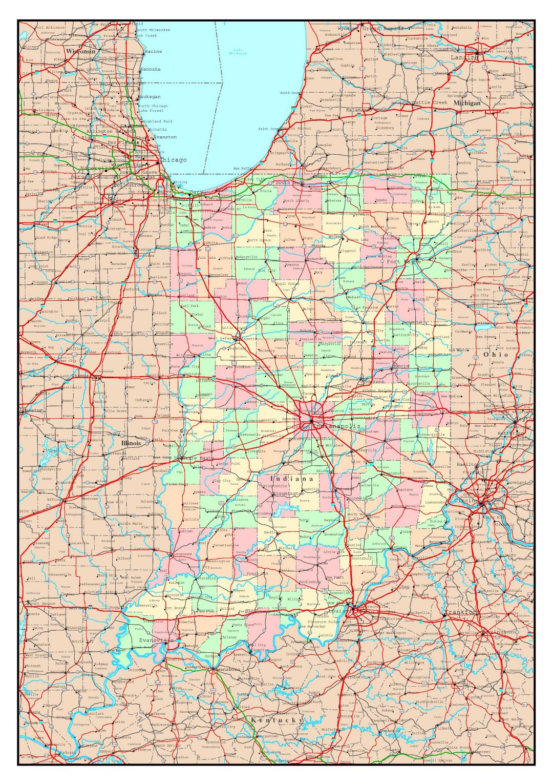Large detailed administrative map of Indiana state with roads, highways and major cities