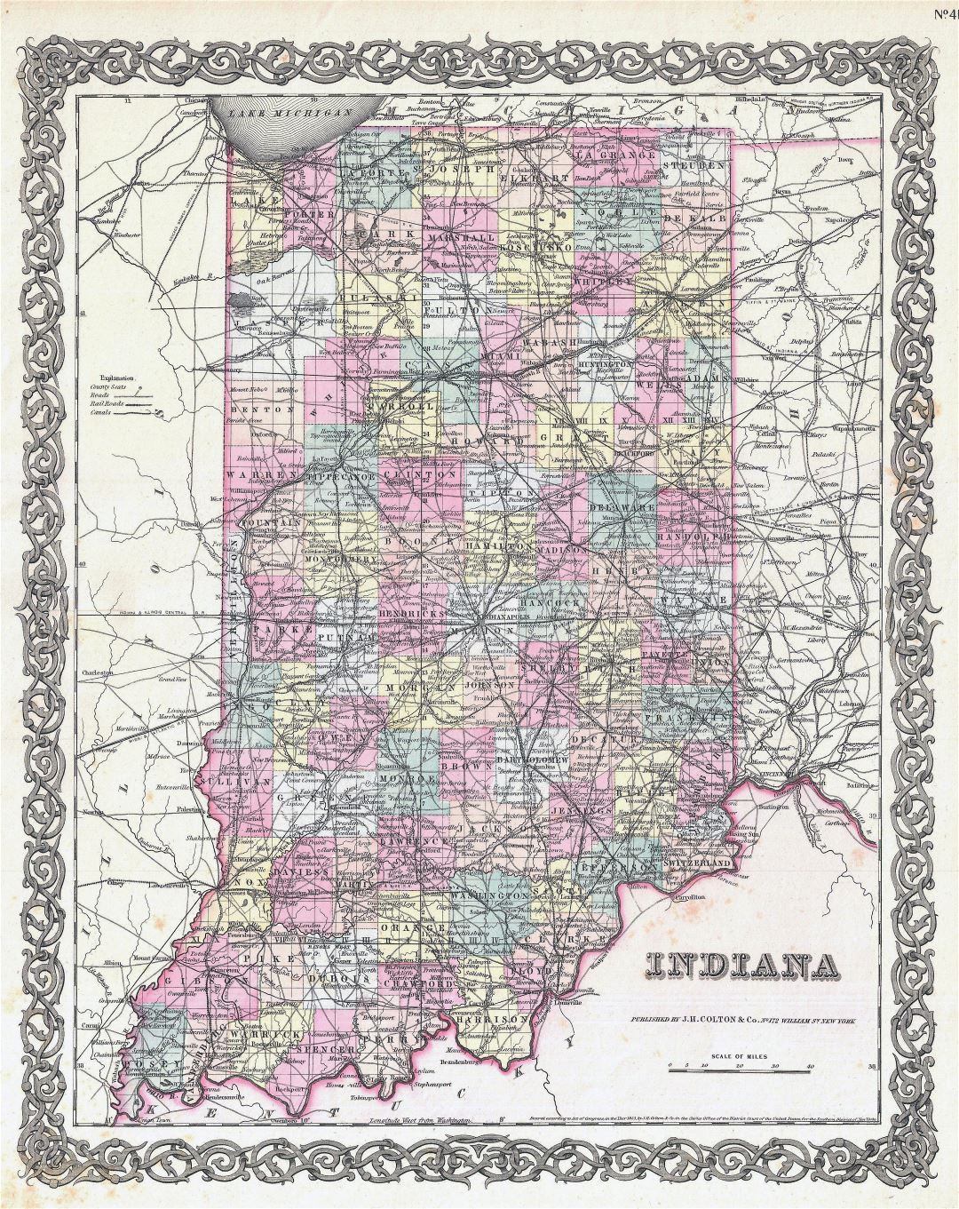Large detailed old administrative map of Indiana state with cities - 1855