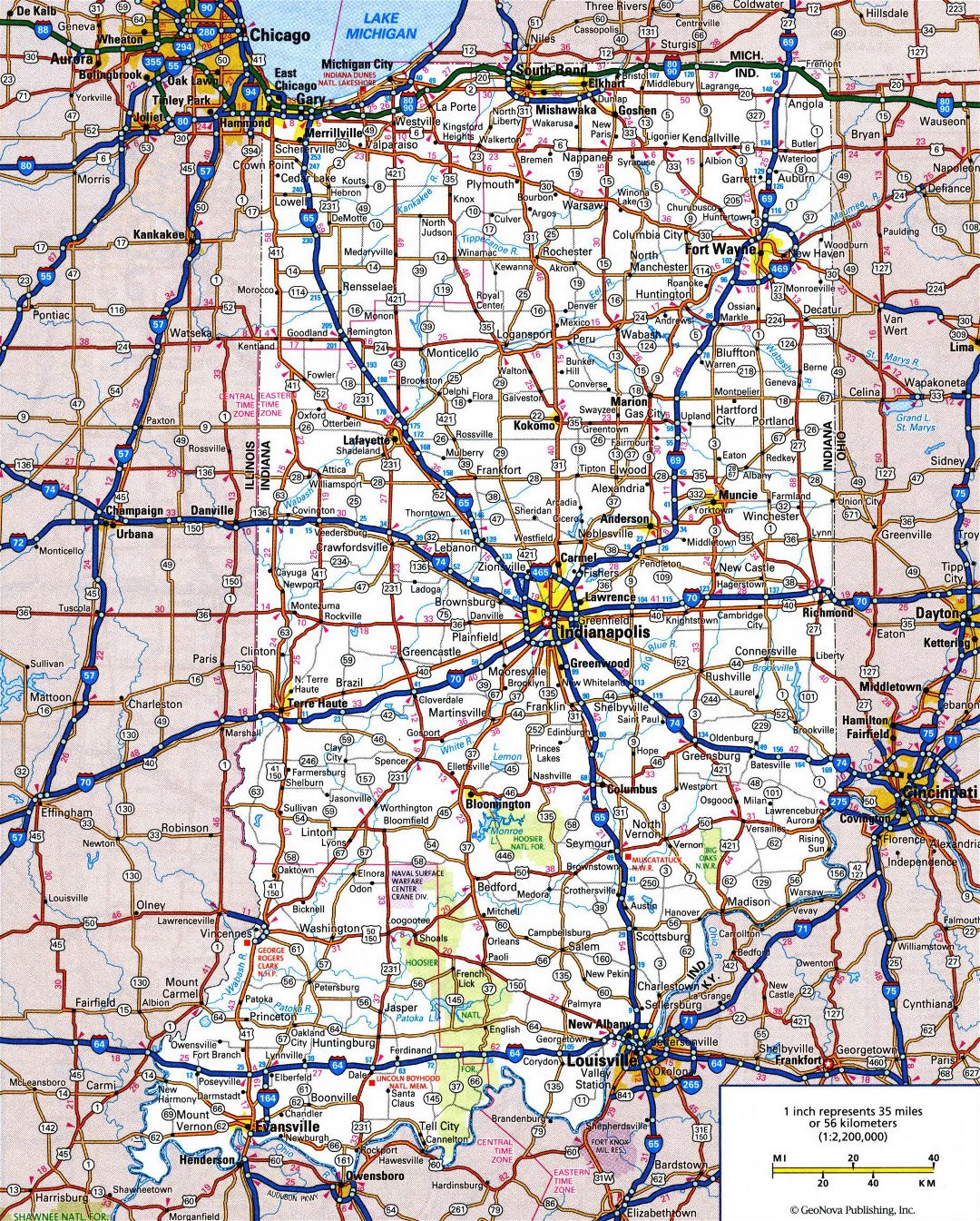 Large detailed roads and highways map of Indiana state with all cities and national parks
