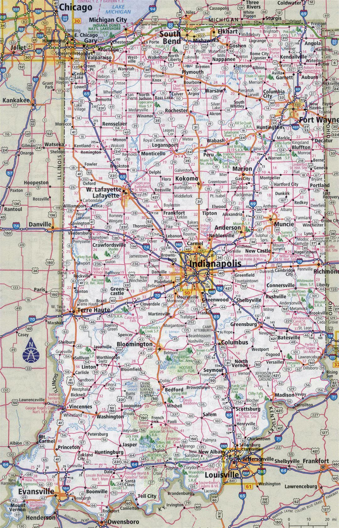 Large detailed roads and highways map of Indiana state with all cities