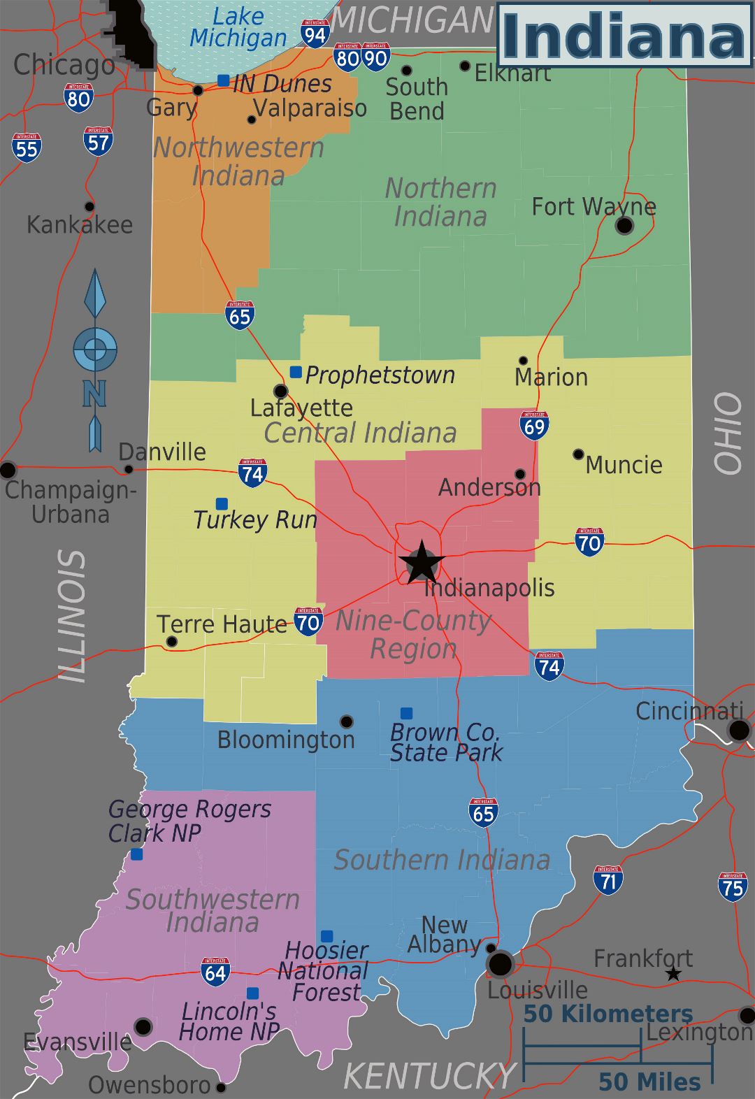 Large regions map of Indiana state