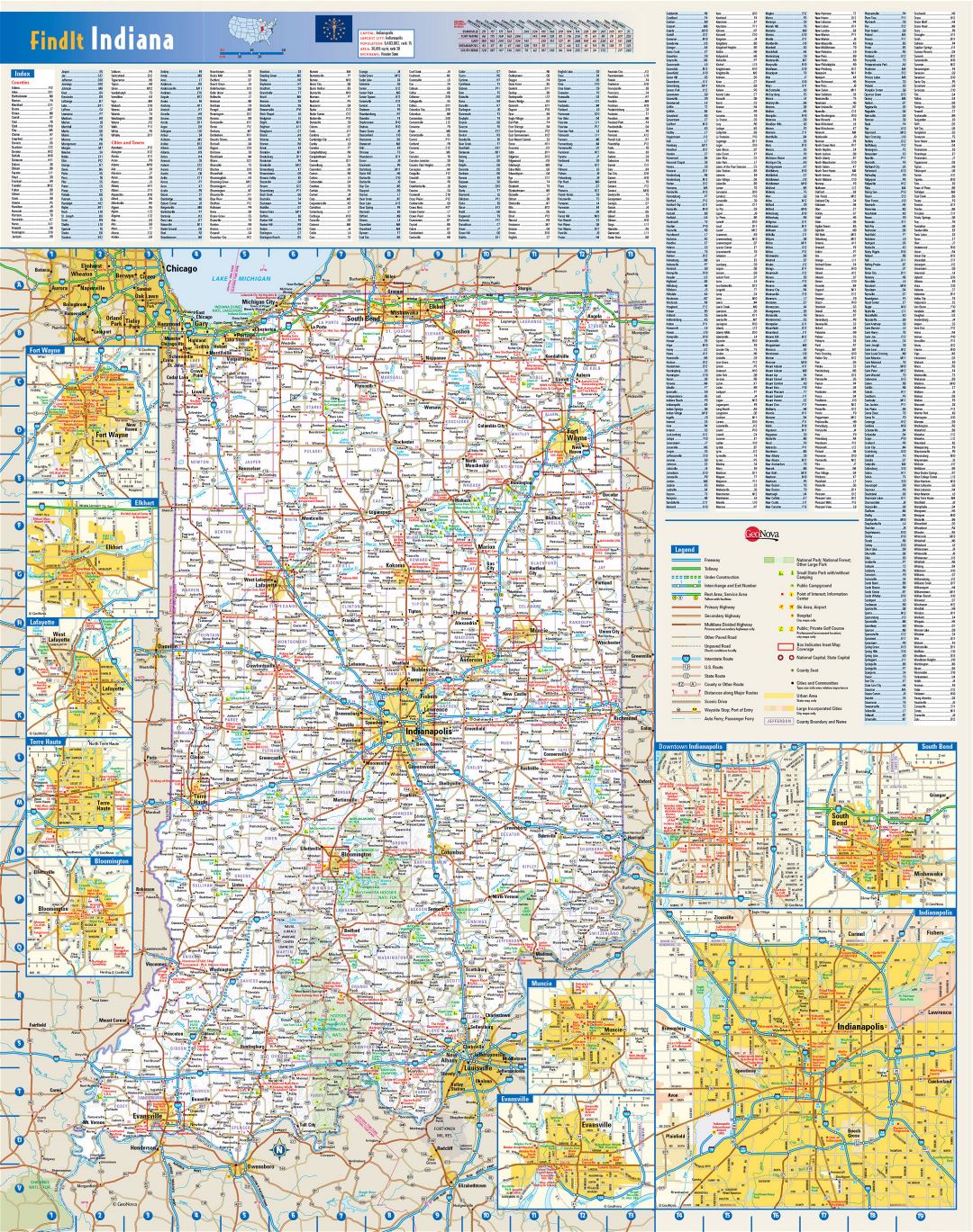 Large roads and highways map of Indiana state with national parks, all cities, towns and villages