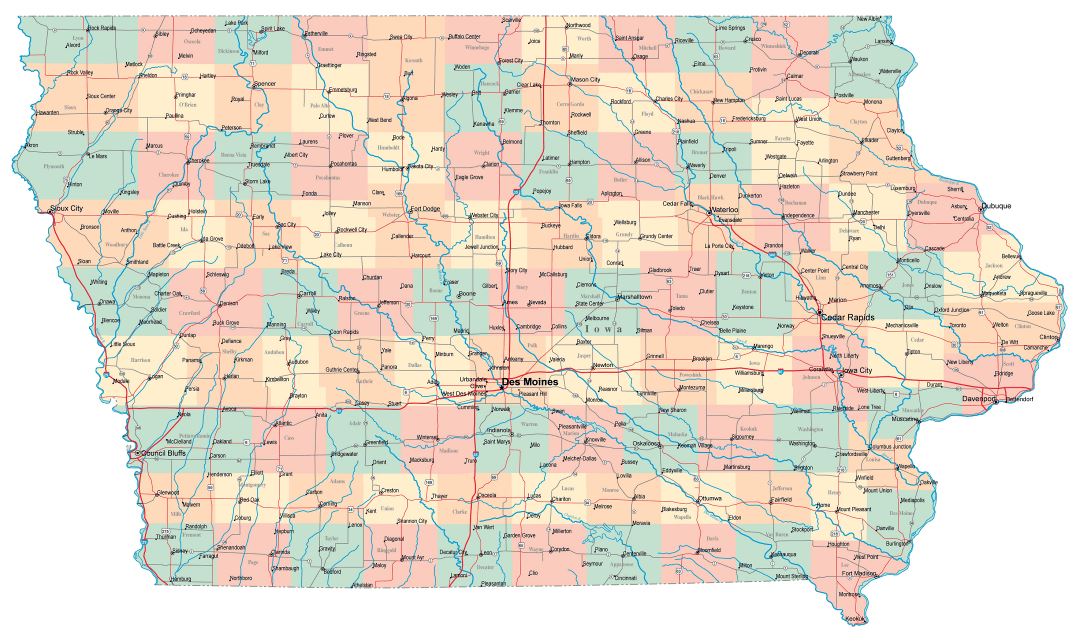 Large administrative map of Iowa state with roads, highways and cities