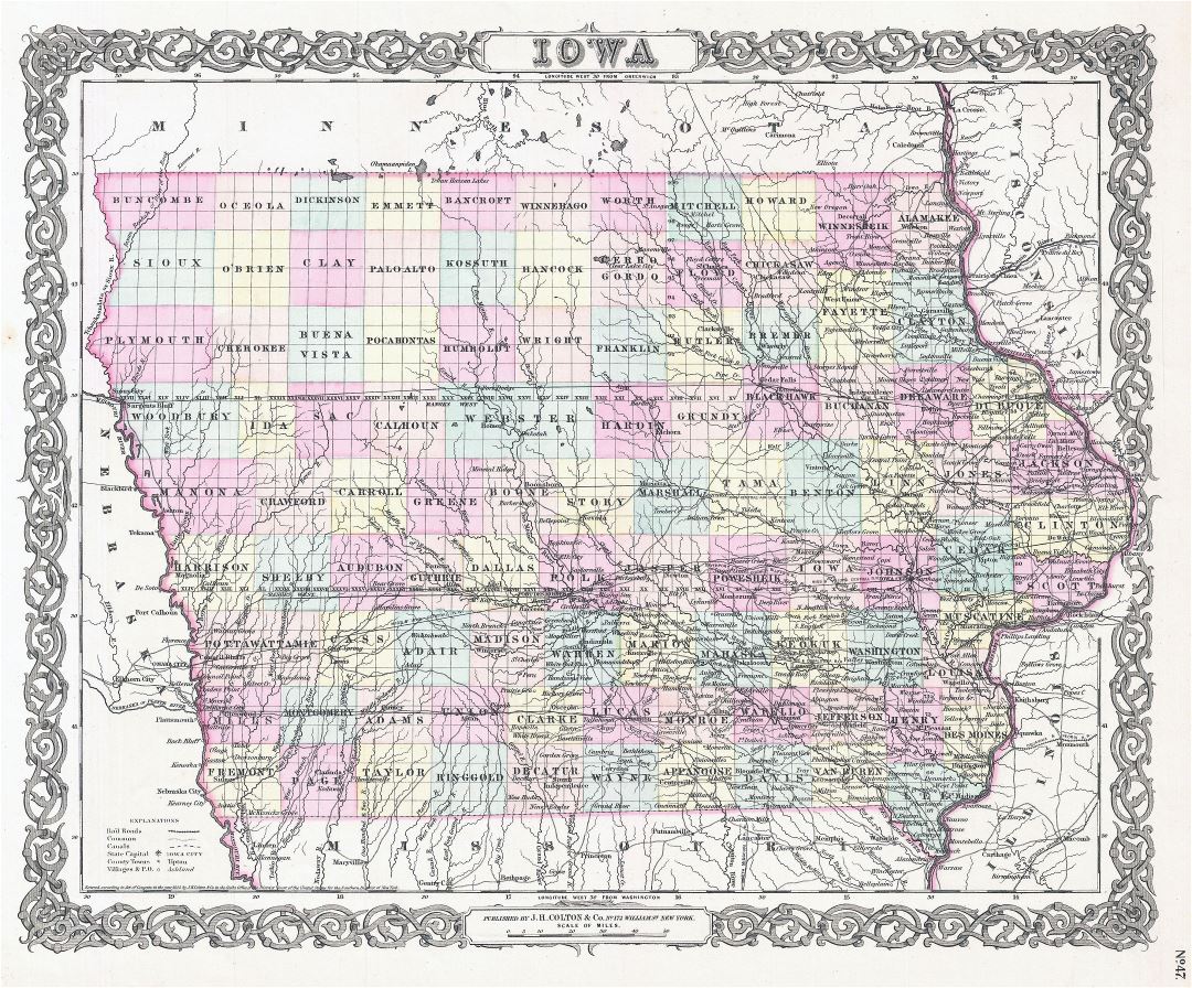 Large detailed old administrative map of Iowa state - 1855