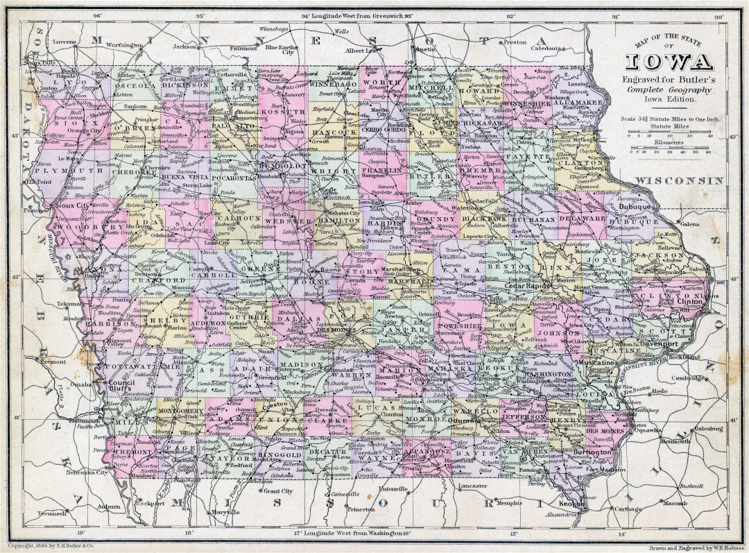 Large detailed old administrative map of Iowa state with railroads and cities - 1886