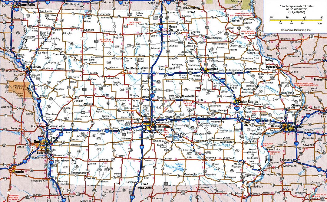 Large detailed roads and highways map of Iowa state with all cities and national parks
