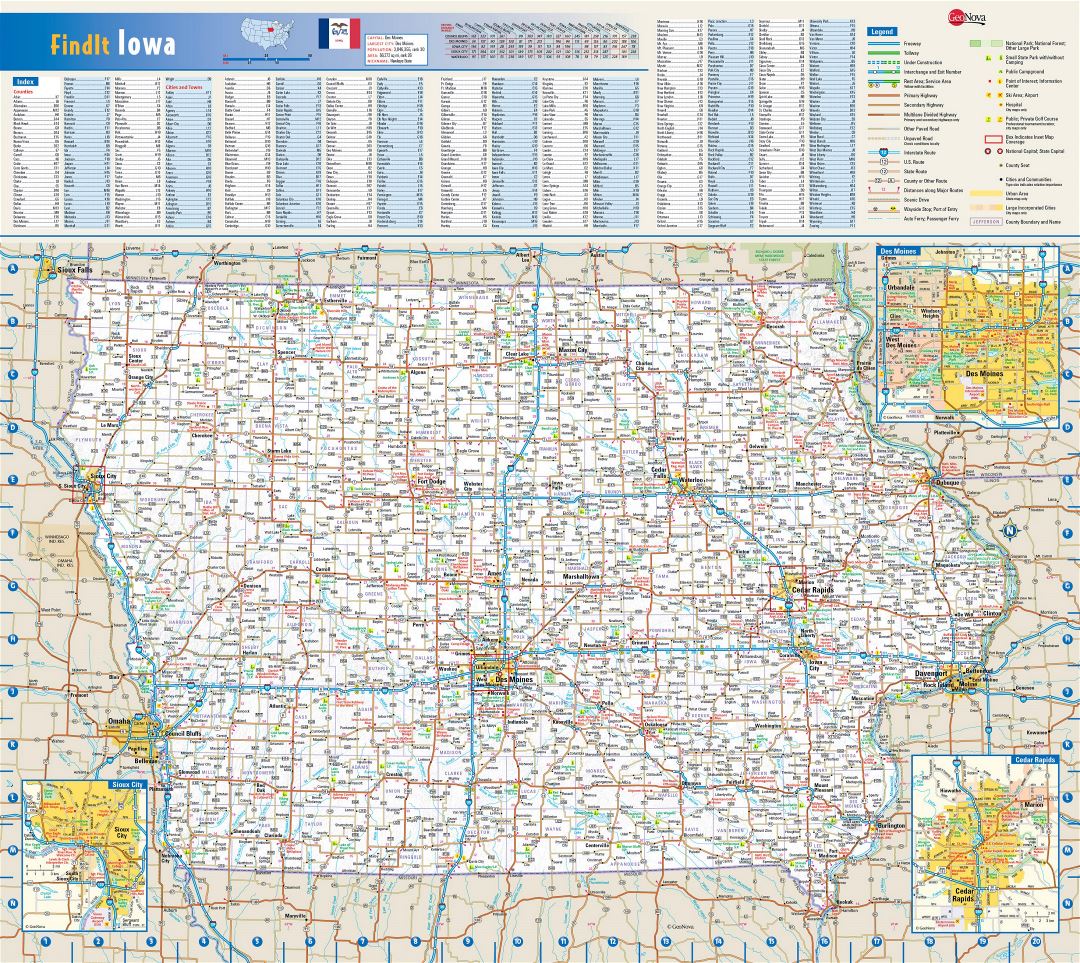 Large detailed roads and highways map of Iowa state with national parks, all cities, towns and villages