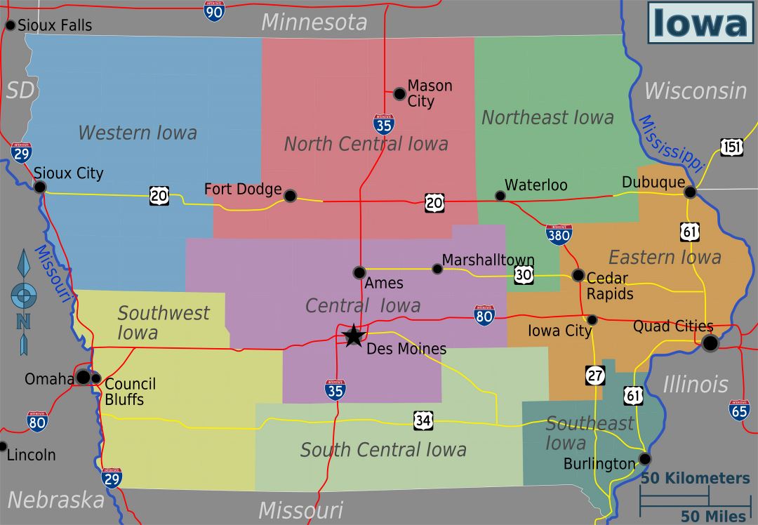 Large regions map of Iowa state