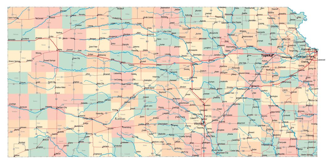Large administrative map of Kansas state with roads, highways and cities