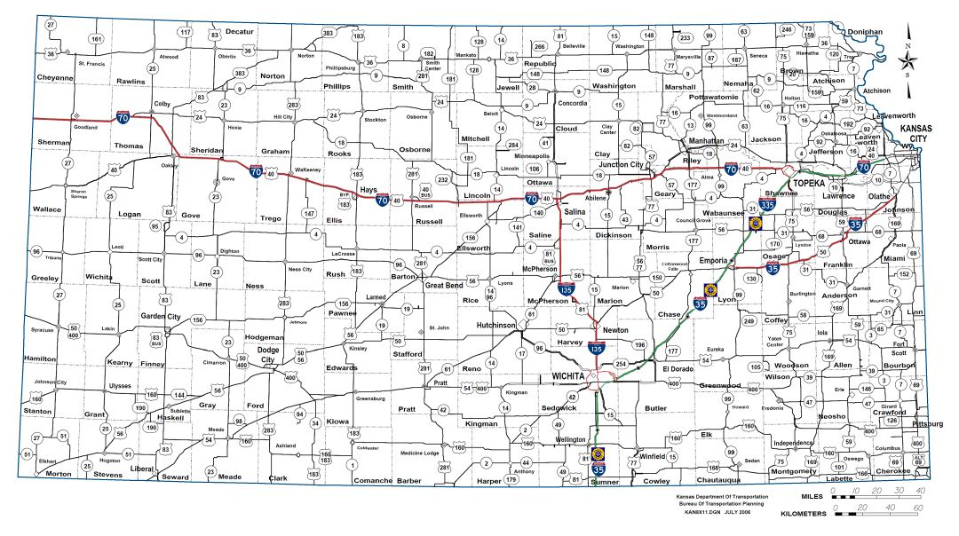 Large detailed highways and roads map of Kansas state