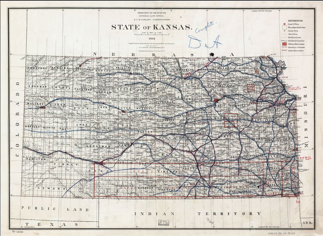Large detailed old map of Kansas state with railroads