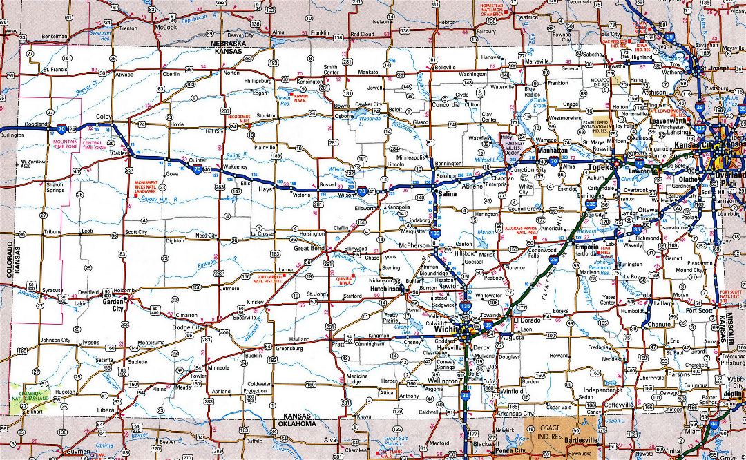 Large detailed roads and highways map of Kansas state with all cities and national parks