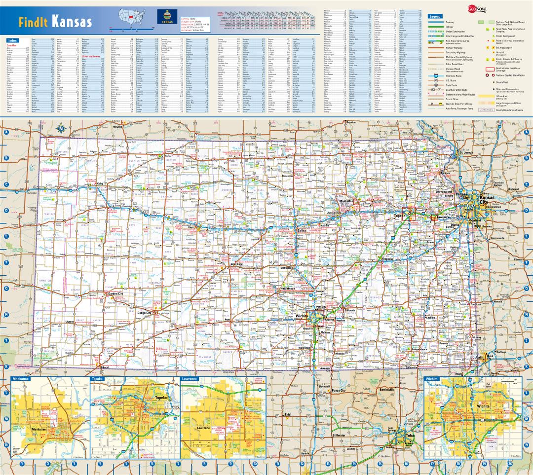 Large detailed roads and highways map of Kansas state with national parks, all cities, towns and villages