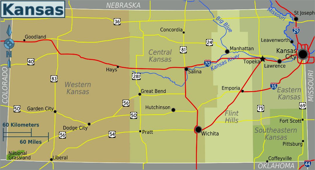 Large regions map of Kansas state