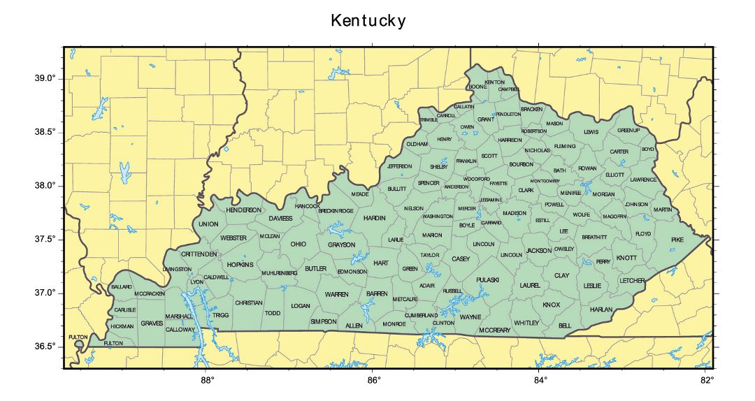 Detailed administrative map of Kentucky state