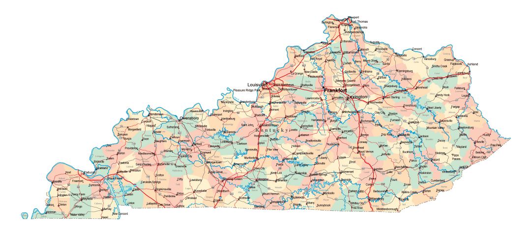 Large administrative map of Kentucky state with roads, highways and cities