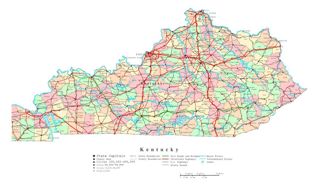 Large detailed administrative map of Kentucky state with roads, highways and cities