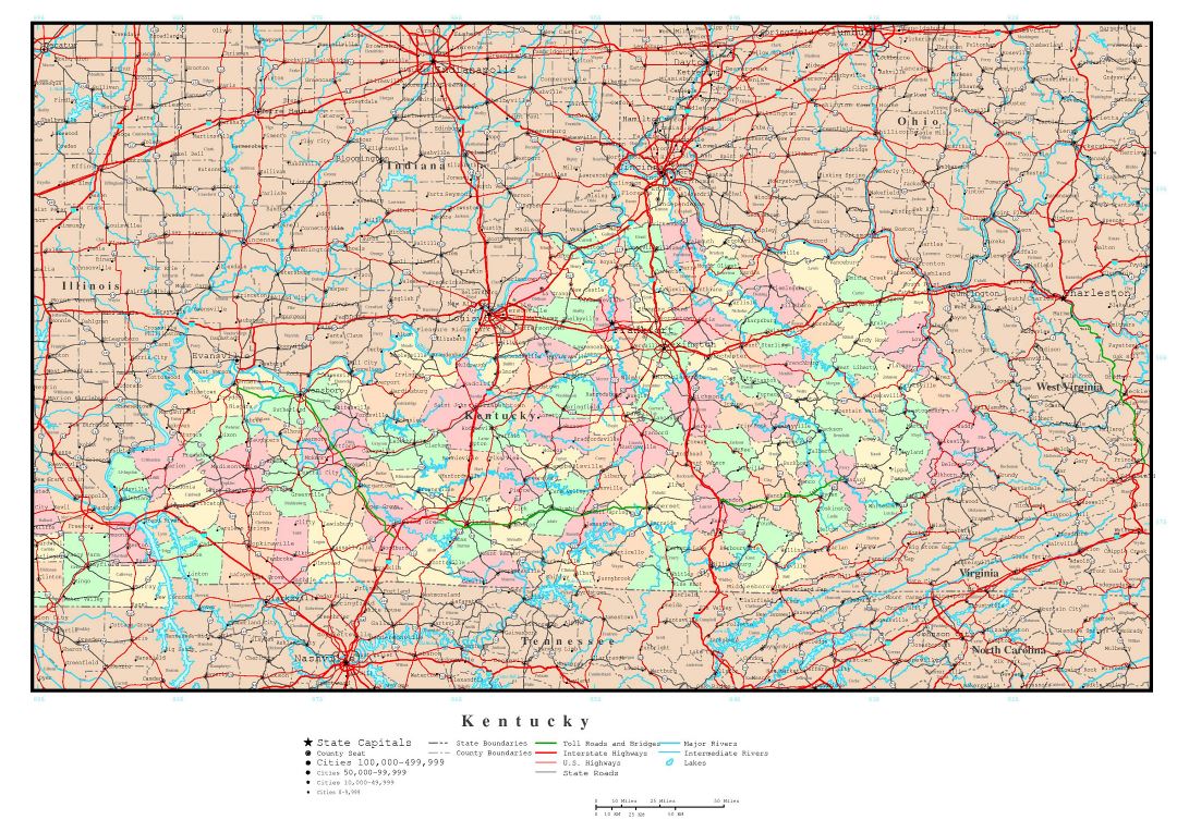 Large detailed administrative map of Kentucky state with roads, highways and major cities