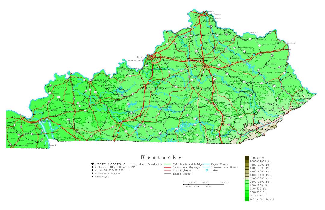 Large detailed elevation map of Kentucky state with roads, highways and cities
