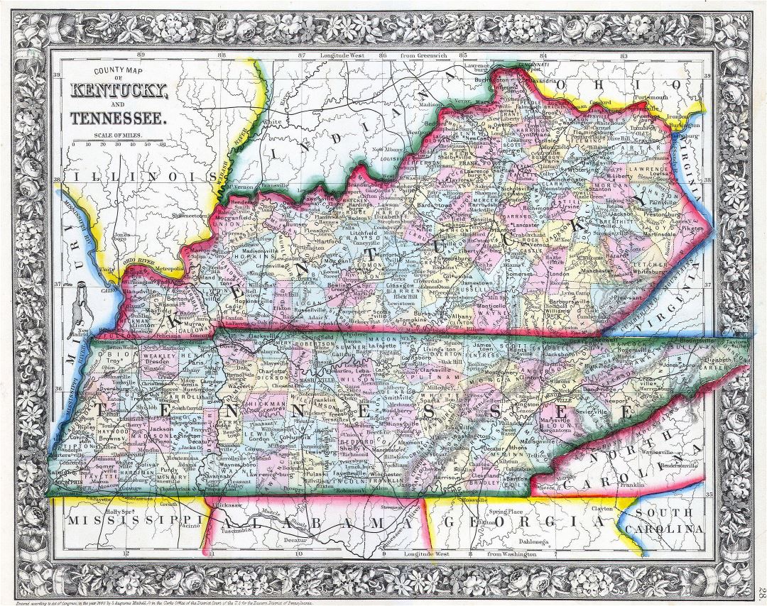Large detailed old administrative map of Kentucky and Tennessee - 1862