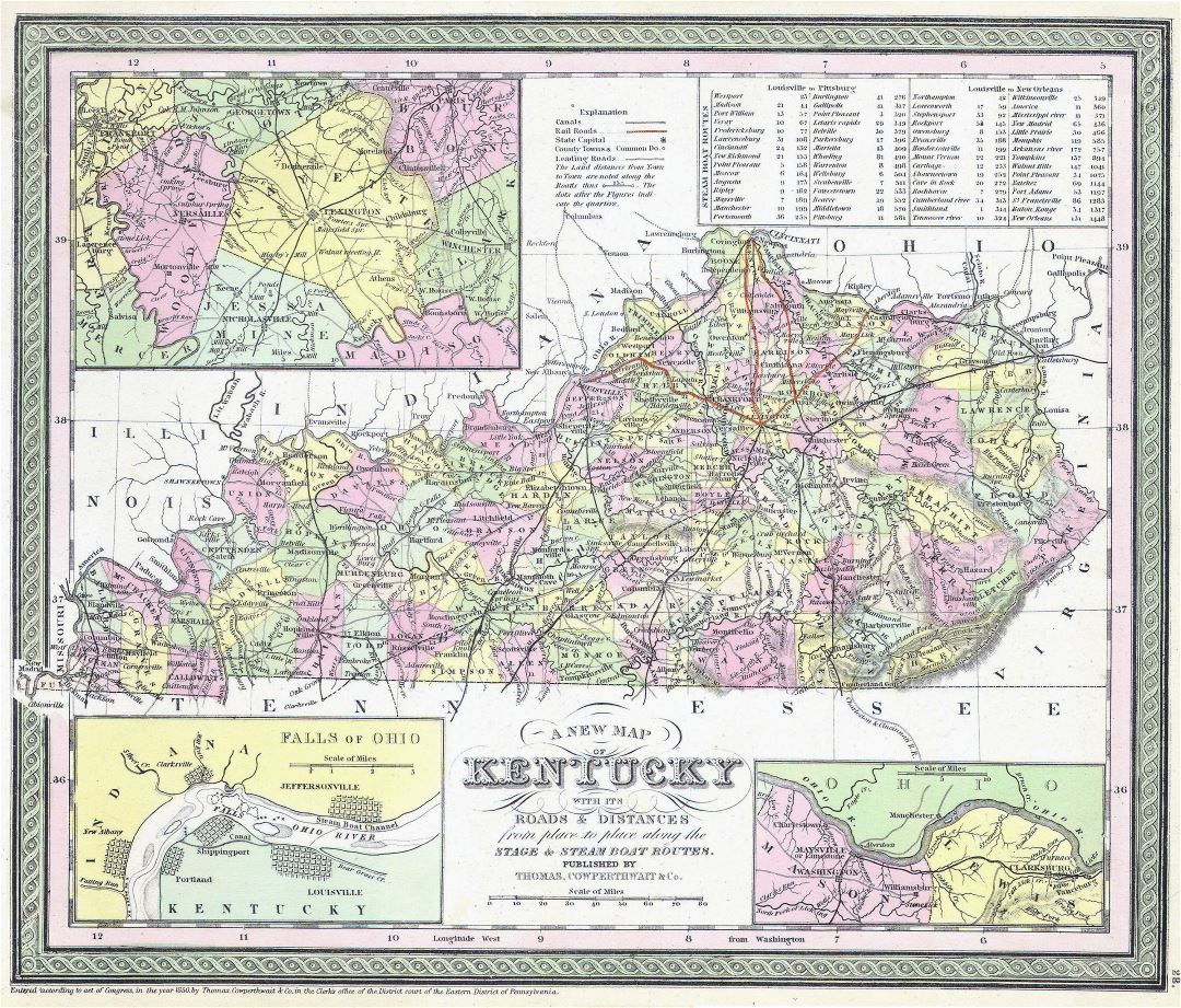 Large detailed old administrative map of Kentucky state with railroads and other marks - 1850
